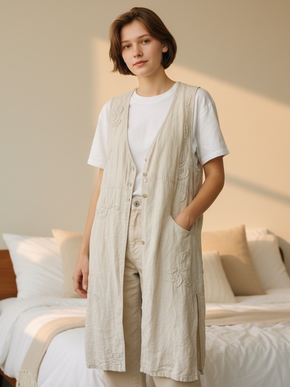 J. Jill Long Sleeveless Embroidered Vest in Cream